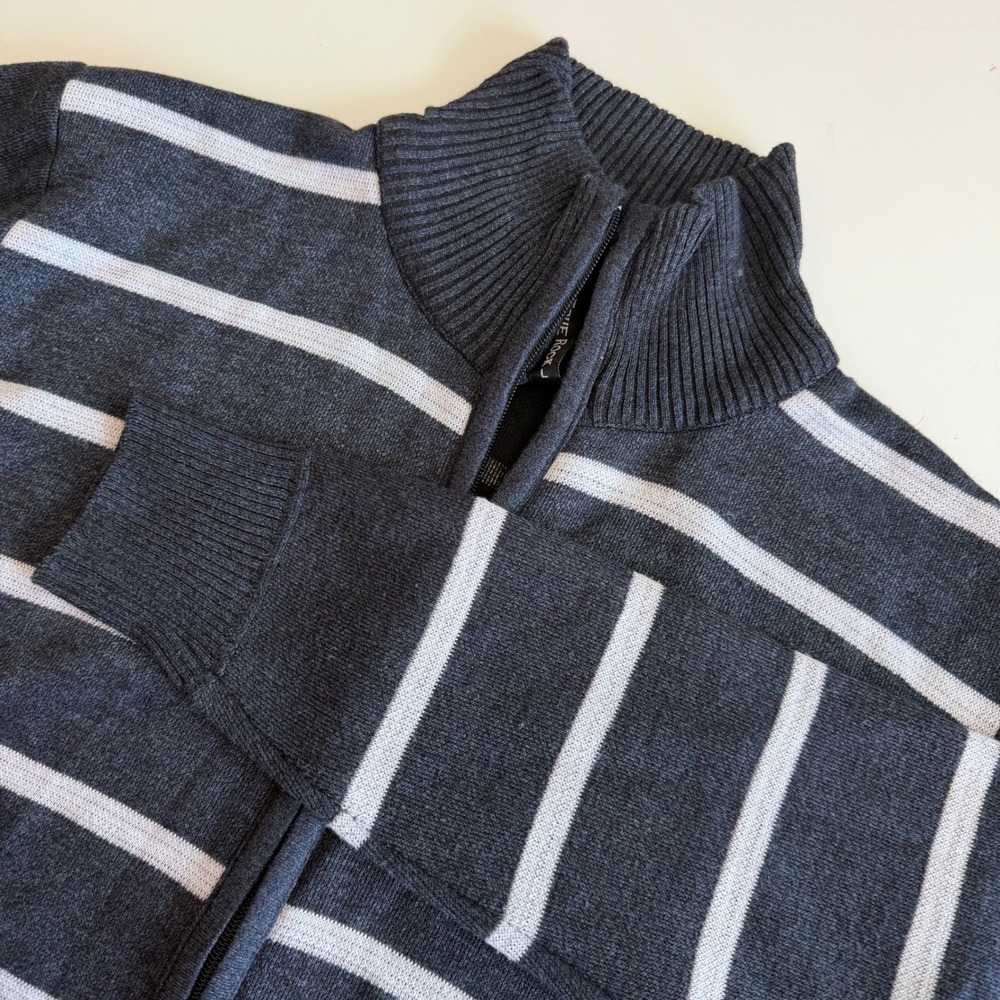 True Rock Mens Full Zip Sweater Large Charcoal Gray White Striped Mock Neck